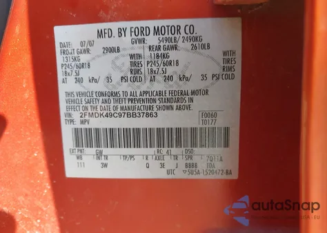 2007 Ford Edge Sel Plus из США, поврежденный, VIN 2FMDK49C97BB37863